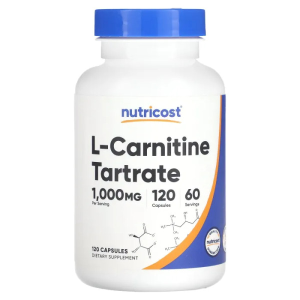 L-карнітин тартрат, L-Carnitine Tartrate, Nutricost, 1000 мг, 120 капсул (500 мг на 1 капсулу)