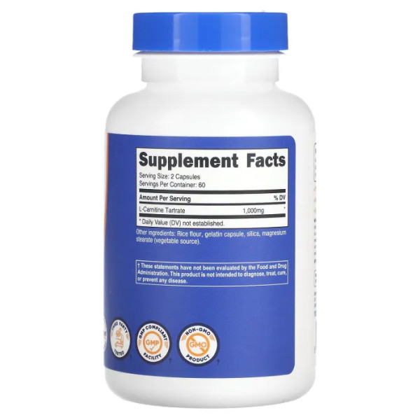 L-карнітин тартрат, L-Carnitine Tartrate, Nutricost, 1000 мг, 120 капсул (500 мг на 1 капсулу)