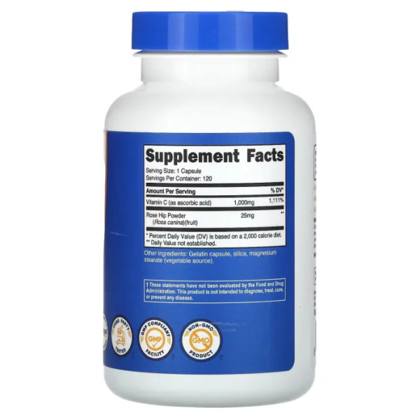 Вітамін С, Vitamin C, Nutricost, з шипшиною, 1000 мг, 120 капсул