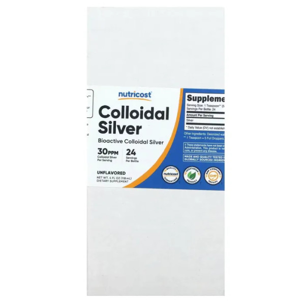 Колоїдне срібло, Colloidal Silver, Nutricost, без добавок, 118 мл