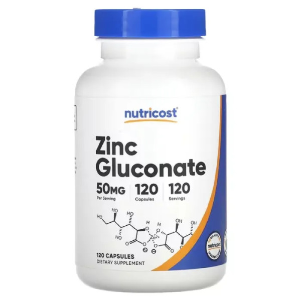 Глюконат цинку, Zinc Gluconate, Nutricost, 50 мг, 120 капсул