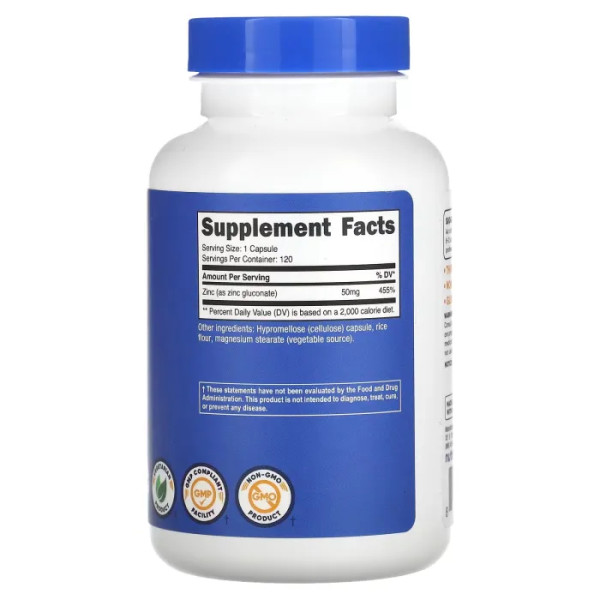 Глюконат цинку, Zinc Gluconate, Nutricost, 50 мг, 120 капсул