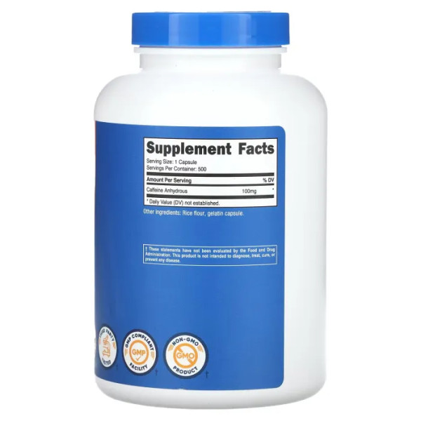 Кофеїн, Caffeine, Nutricost, 100 мг, 500 капсул