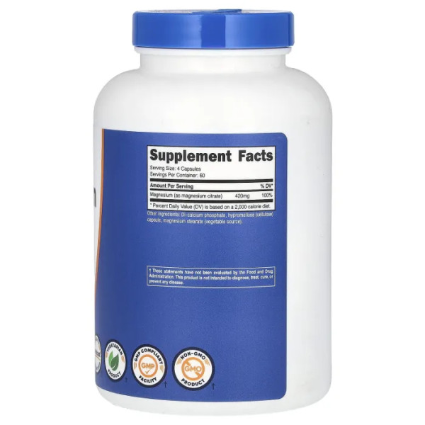 Магній цитрат, Magnesium Citrate, Nutricost, 420 мг, 240 капсул (105 мг на 1 капсулі)