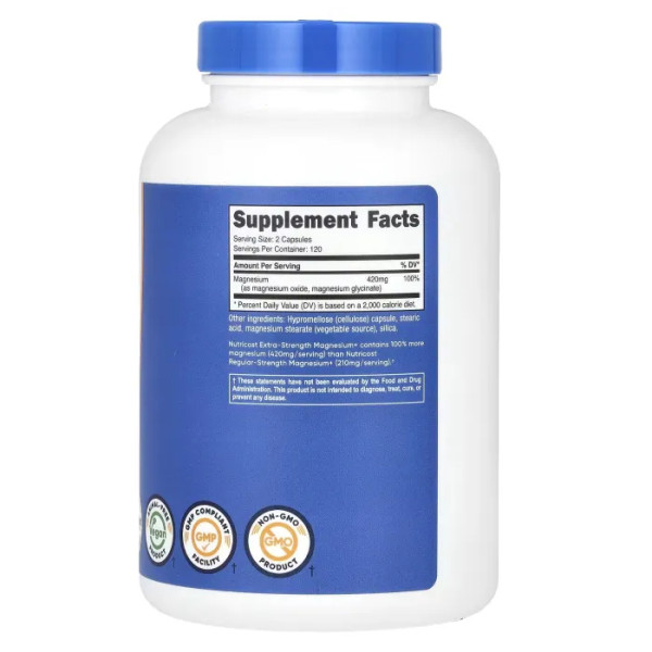 Магній+, Magnesium+, підвищена сила дії, Nutricost, 420 мг, 240 капсул (210 мг на 1 капсулі)
