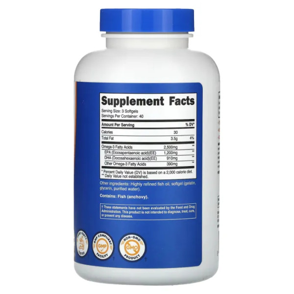 Омега-3, Omega-3, Nutricost, 2500 мг, 120 гелевих капсул (833 мг в 1 капсулі)