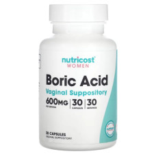 Борна кислота 600 мг, Boric Acid Vaginal Suppository Nutricost, вагінальні свічки, 30 капсул