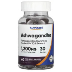 Ашваганда 1200 мг, Ashwagandha Gummies Nutricost, жувальні, смак ягідне асорті, 60 жувальних таблеток
