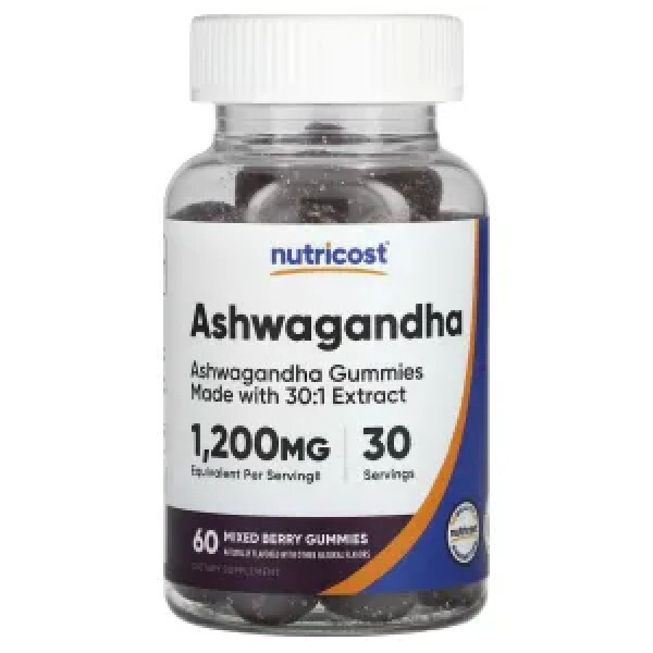 Ашваганда, Ashwagandha Gummies, Nutricost, зі смаком ягідного асорті, 1200 мг, 60 жувальних таблеток (600 мг в 1 жувальній таблетці)