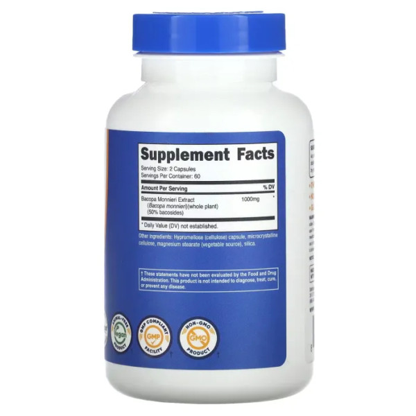 Бакопа Моньєрі, Bacopa Monnieri, Nutricost, 1000 мг, 120 капсул (500 мг на 1 капсулі)