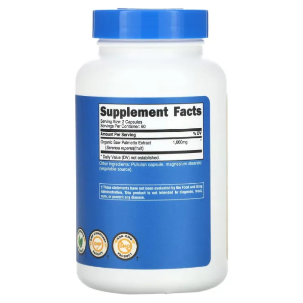 Со пальметто (сереноя), Saw Palmetto, Nutricost, 1000 мг, 120 капсул (500 мг в 1 капсулі)