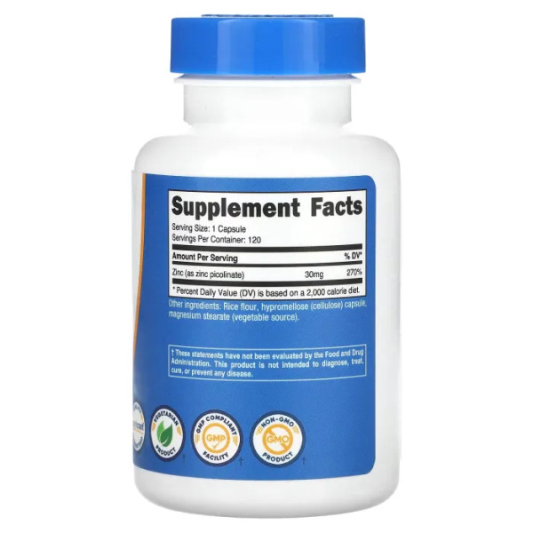 Піколінат цинку, Zinc Picolinate, Nutricost, 30 мг, 120 капсул