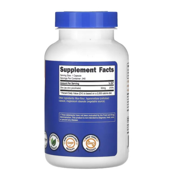 Піколінат цинку, Zinc Picolinate, Nutricost, 30 мг, 240 капсул