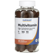 Мультивітаміни жувальні з цинком та йодом, смак ягідне асорті, Multivitamin Gummies with Zinc & Iodine Nutricost, 180 жувальних таблеток