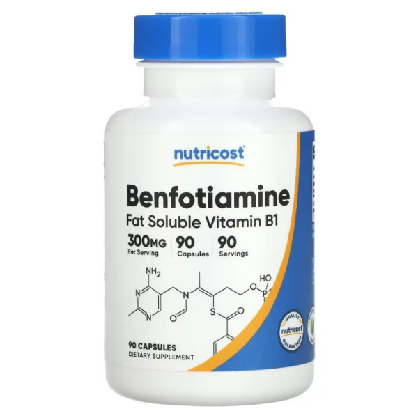 Бенфотіамін, Benfotiamine, Nutricost, жиророзчинний вітамін B1, 300 мг, 90 капсул