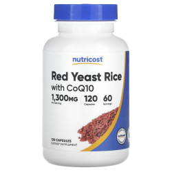 Червоний дріжджовий рис 1300 мг, з коензимом Q10, ферментований, Red Yeast Rice With CoQ10 Nutricost, 120 капсул, 650 мг у капсулі