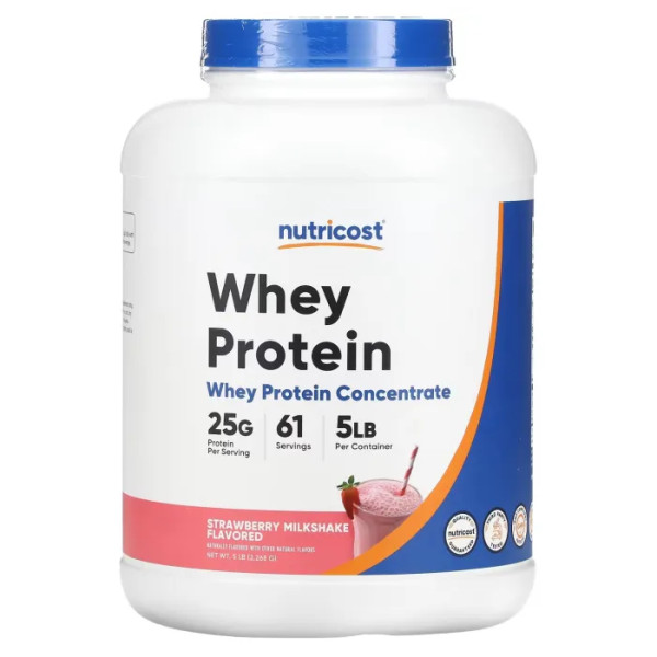 Сироватковий протеїн, Whey Protein Concentrate, Nutricost, зі смаком полуничного молочного коктейлю, 2268 г