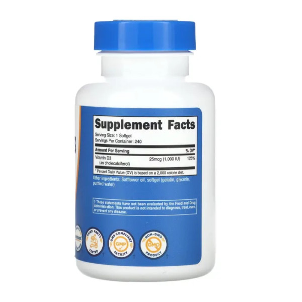 Вітамін D3, Vitamin D3, Nutricost, 1000 МО, 240 гелевих капсул