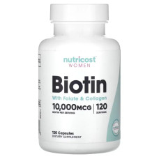 Біотин з фолатом та колагеном для жінок 10 000 мкг, Nutricost Biotin With Folate & Collagen, 120 капсул
