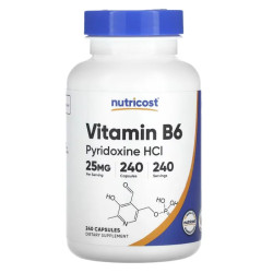 Витамин B6 25 мг, Nutricost Vitamin B6, Pyridoxine HCl, 240 капсул