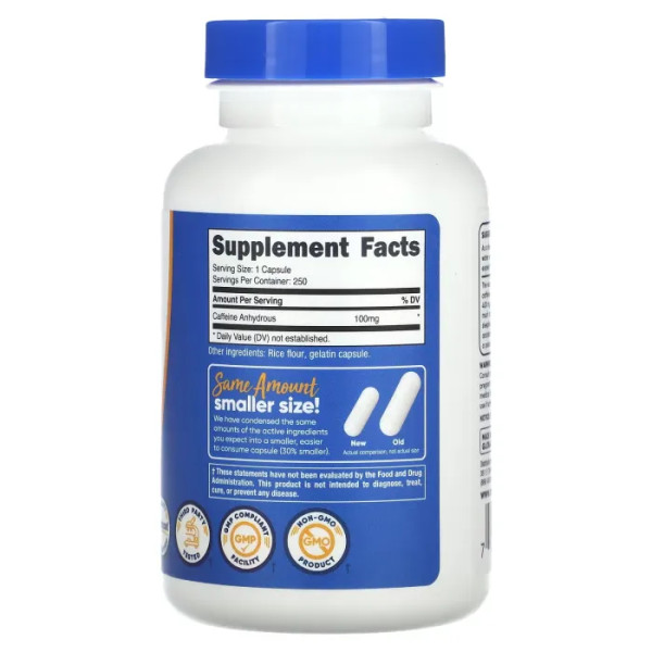 Кофеїн, Caffeine, Nutricost, 100 мг, 250 капсул