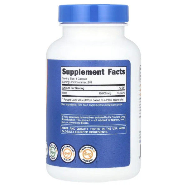 Біотин (вітамін В7), Biotin, Nutricost, 10000 мкг, 240 капсул