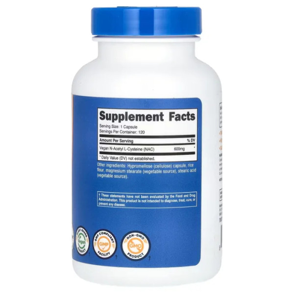 NAC, N-ацетил L-цистеїн, N-Acetyl L-Cysteine, Nutricost, веганський, 600 мг, 120 капсул