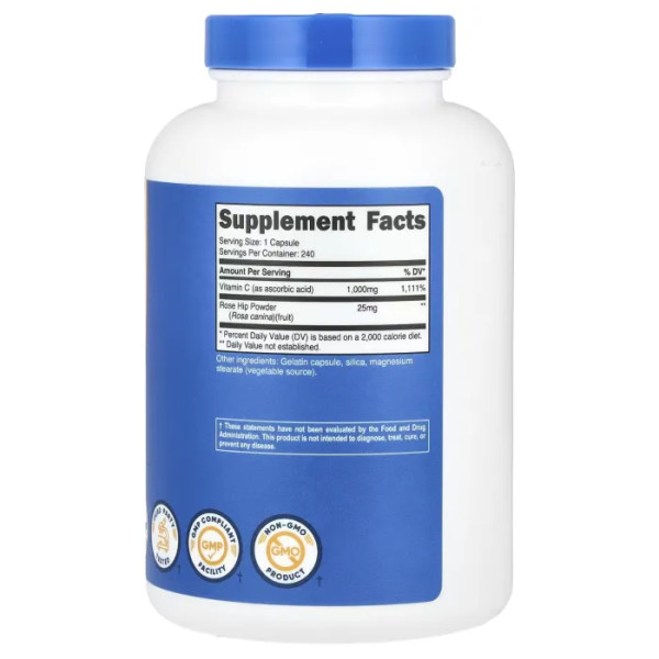 Вітамін С, Vitamin C, Nutricost, з шипшиною, 1000 мг, 240 капсул