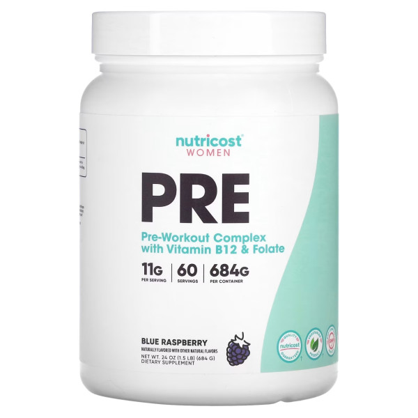 Передтренувальний комплекс, Pre-Workout Complex With Vitamin B12 & Folate, Nutricost, для жінок, з вітаміном B12 та фолатом, блакитна малина, 684 г