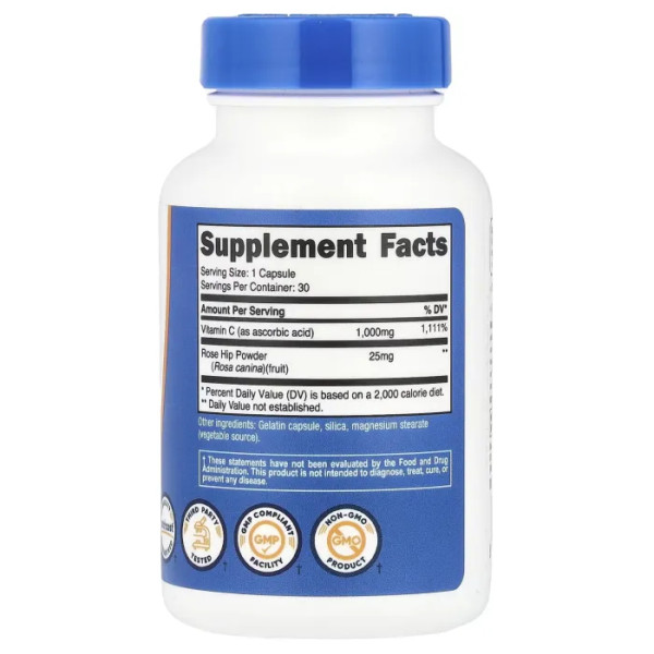 Вітамін С, Vitamin C, Nutricost, з шипшиною, 1000 мг, 30 капсул
