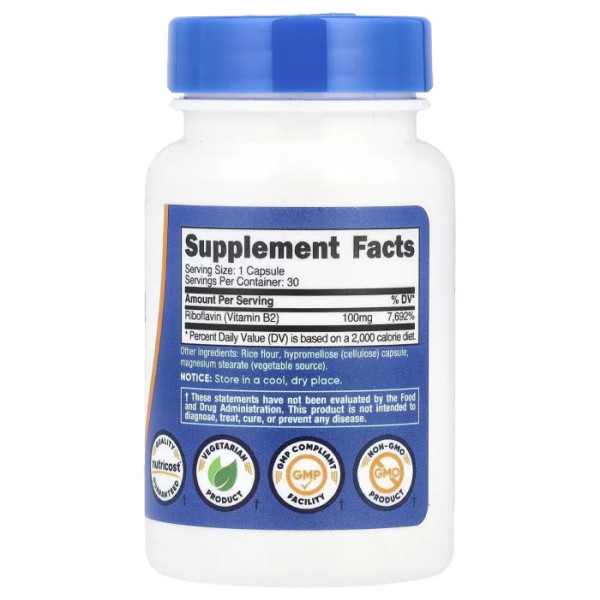 Вітамін В2 (рибофлавін), Vitamin B2, Nutricost, 100 мг, 30 капсул