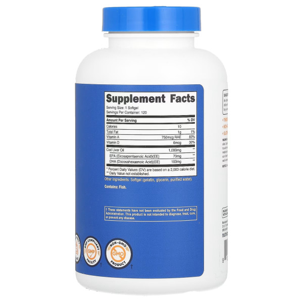 Риб'ячий жир з печінки тріски, Cod Liver Oil, Nutricost, 1000 мг, 120 капсул