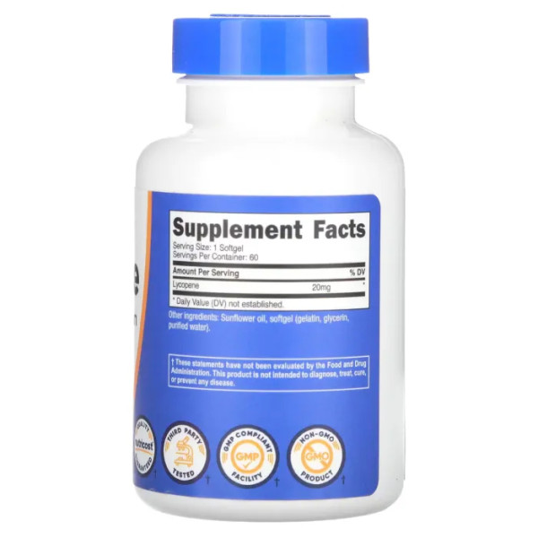 Лікопін, Lycopene, Nutricost, 20 мг, 60 м'яких таблеток