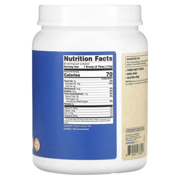 Кокосове молоко, Organic Coconut Milk Powder, Nutricost, органік, порошок, без смаку, 907 г