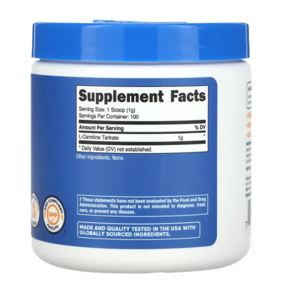 L-карнітин тартрат, L-Carnitine Tartrate, Nutricost, без добавок, 1 г, 100 г