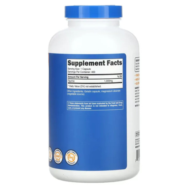 Таурин, Taurine, Nutricost, 1000 мг, 400 капсул