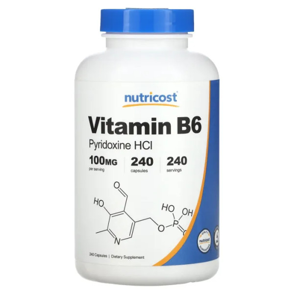 Вітамін В6 (піридоксин HCl), Vitamin B6, Nutricost, 100 мг, 240 капсул