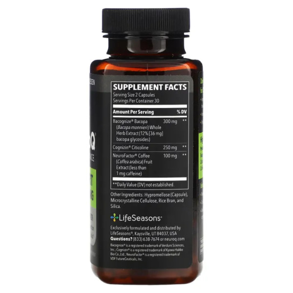 Підтримка мозку, NeuroQ Performance, Smart Thinking, LifeSeasons, концентрація, мислення, 60 вегетаріанських капсул