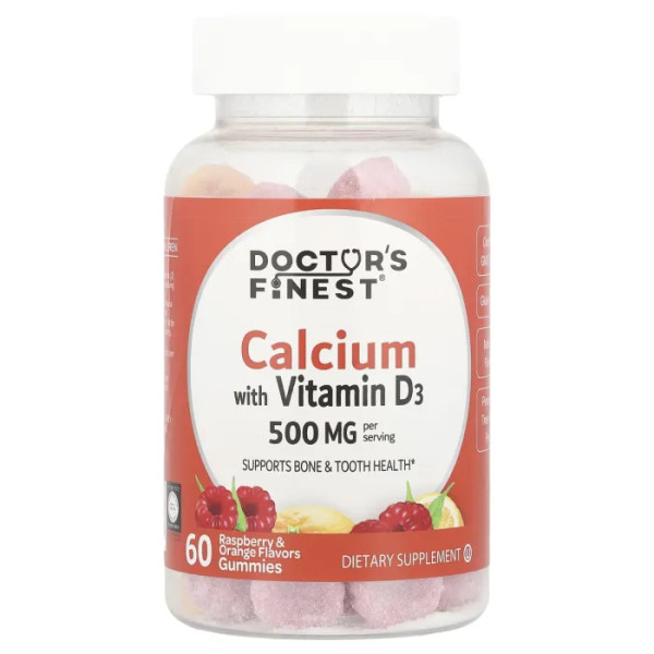 Кальцій з вітаміном D3, Calcium with Vitamin D3 Gummies, Doctor's Finest, смак малини та апельсина, 60 жувальних цукерок