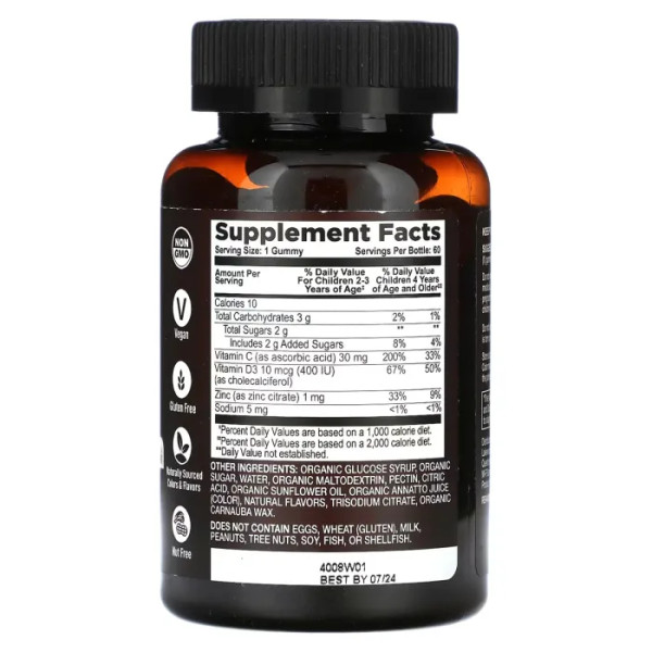 Вітамін C, вітамін D3 та цинк для дітей, Vitamin C with Vitamin D3 & Zinc, YumVs, органік, зі смаком мандарину та апельсина, 60 жувальних таблеток