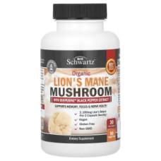 Ежовик гребенчатый, Lion's Mane Mushroom with Bioperine Black Pepper Extract BioSchwartz, органик, 90 растительных капсул