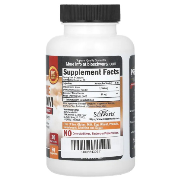 Їжовик гребінчастий з біоперином, Lion's Mane Mushroom with Bioperine Black Pepper Extract, BioSchwartz, органік, 90 рослинних капсул