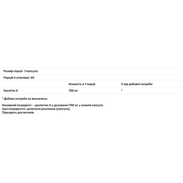 Уролітін А, Urolithin A, Neurogan Health, 700 мг, 60 веганських капсул, 42 г