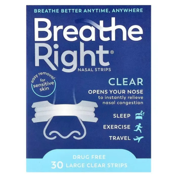 Назальні пластирі, Nasal Strips, Breathe Right, прозорі для чутливої шкіри, великі, 30 прозорих смужок