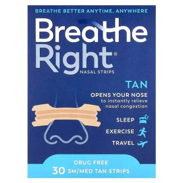 Назальні пластирі, Nasal Strips, Breathe Right, оригінальні, маленькі\/середні, 30 жовто-коричневих смужок