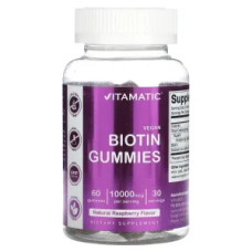 Біотин 10000 мкг, Vegan Biotin Gummies Vitamatic, веганські, смак натуральна малина, 60 жувальних таблеток
