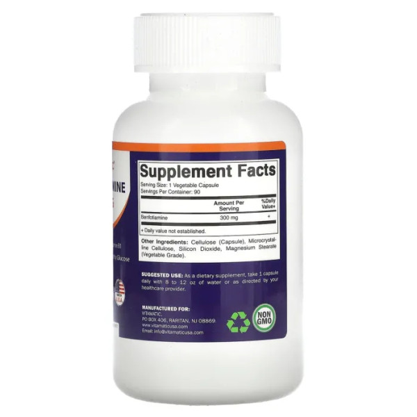 Бенфотіамін, Benfotiamine, Vitamatic, 300 мг, 90 рослинних капсул