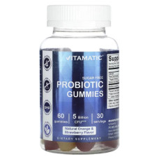 Пробіотик 5 млрд КУО, Vitamatic Probiotic Gummies, жувальні без цукру смак апельсин і полуниця, 60 жувальних таблеток (2,5 млрд КУО в жувальній таблетці)