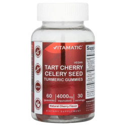 Вишня 4000 мг, Vitamatic Tart Cherry Celery Seed Turmeric Gummies, жувальні смак натуральна вишня, 60 жувальних мармеладок (2000 мг у мармеладці)