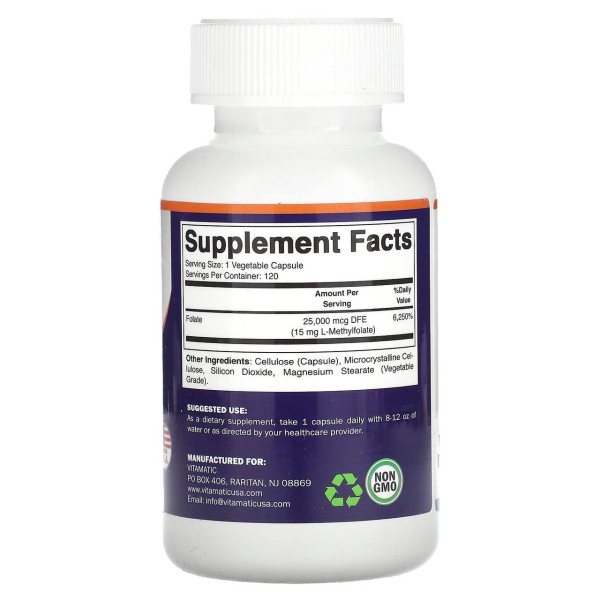 Метилфолат, Methyl Folate, Vitamatic, 15 мг, 120 рослинних капсул